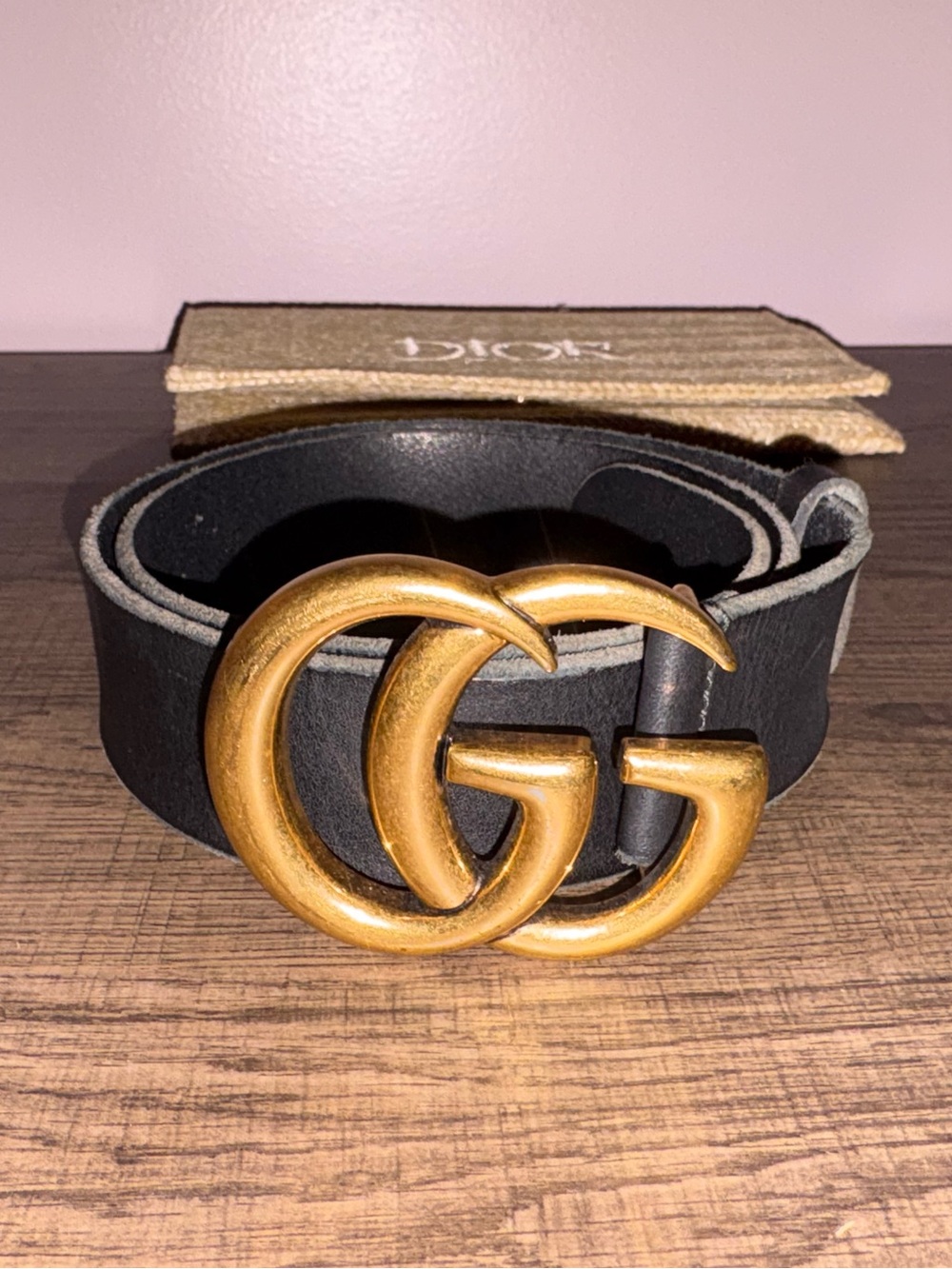 Gucci Black Leather Belt with Antiqued Gold Double G Buckle
